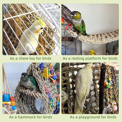 Bird Seagrass Mat 16 × 7" Parrot Natural Grass Woven Net Hammock Parakeet Climbing Rope Ladder Mat Chew Toys Cage Accessories for Pigeon Cockatiel Conure Budgie Cockatoo Rat Hamster