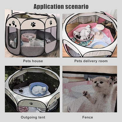 Portable Dog Playpen, Pet Play Pen for Indoor Outdoor Cat, Kitten/Puppy Exercise Playpen Tent Birthing Box, Waterproof Travel Dog Kennel Camping Cage for Small Medium Dog Animal House (Grey)