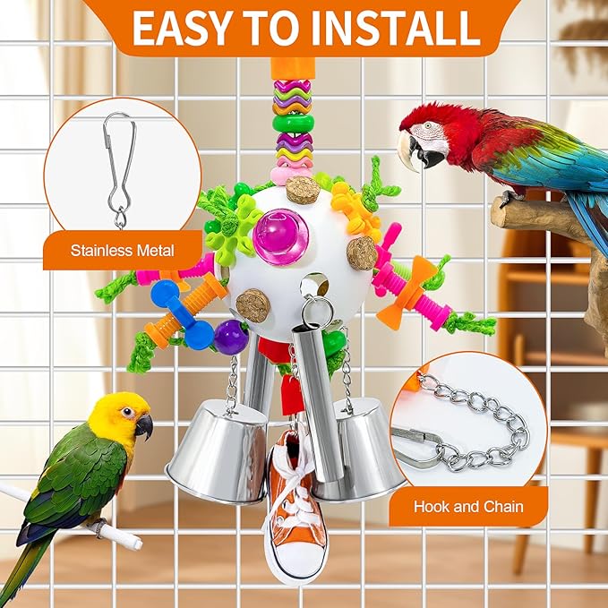 Bird Toys, Parrot Pullable Stainless Steel Cup Colorful Acrylic Stick Chew Toys for Amazons Mini Macaws African Greys Cockatoos Conures,Cockatiels, Lovebirds，Parrotlet，Eclectus (White)