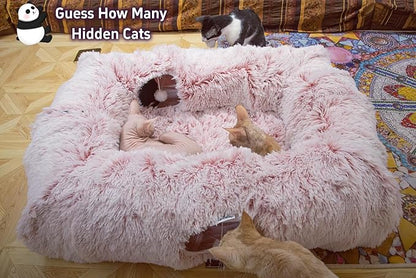XxingSheep 4 Cave Shuttled XL Cat Tunnel Bed for Indoor Cats Peekaboo Toy Donut with Warm Mat, Pinkish White
