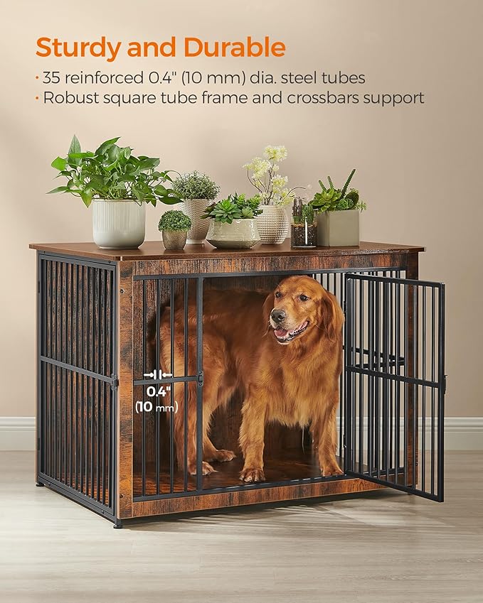 Feandrea Dog Crate Furniture, 43.3" Side End Table, Modern Kennel for Dogs Indoor up to 80 lb, Heavy-Duty Dog Cage with Enclosed Base, Double-Door Dog House, Rustic Brown UPFC024X01