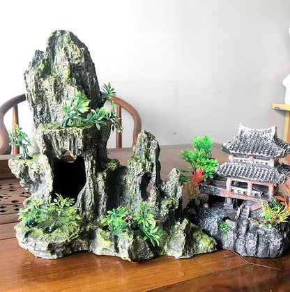 Extra Large Aquarium Decorations kit - “Ancient Temple in The Mountain”, Japanese Aquarium Decorations Resin Aquarium Castle Decorations Aquarium Mountain View Stone