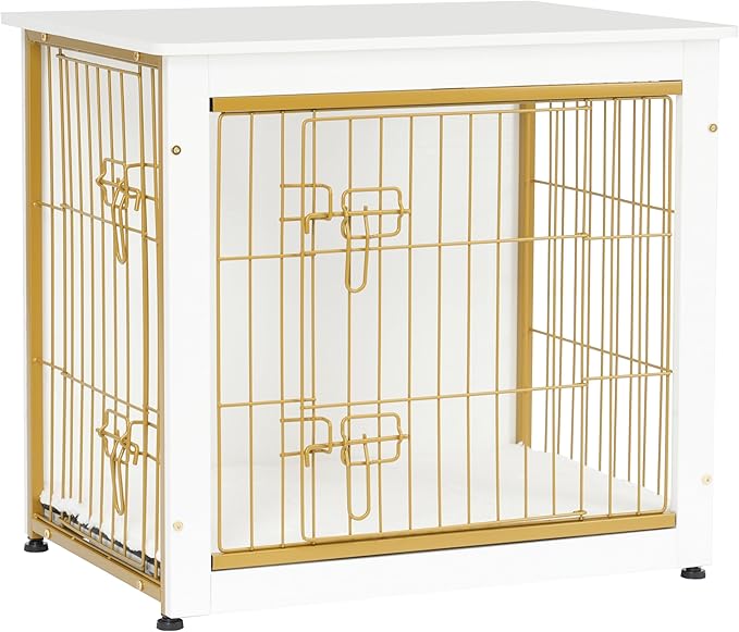 DWANTON Dog Crate Furniture with Cushion, Wooden Dog Crate with Double Doors, Dog Furniture, Dog Kennel Indoor for Small/Medium/Large Dogï¼_nd Table, Small, 27.2" L, White