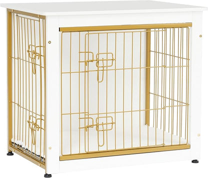 DWANTON Dog Crate Furniture with Cushion, Wooden Dog Crate with Double Doors, Dog Furniture, Dog Kennel Indoor for Small/Medium/Large Dogï¼_nd Table, Small, 27.2" L, White