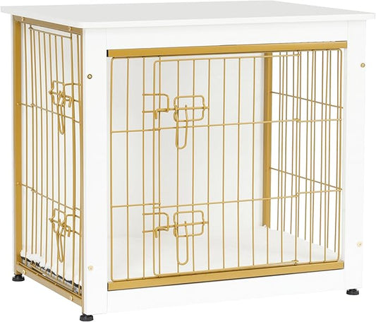 DWANTON Dog Crate Furniture with Cushion, Wooden Dog Crate with Double Doors, Dog Furniture, Dog Kennel Indoor for Small/Medium/Large Dogï¼_nd Table, Small, 27.2" L, White