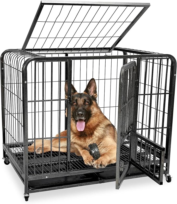 49.2Inch Indestructible Metal Dog Crates for Large Dogs, Heavy Duty Escape Proof Dog Kennel Indoor Extra Large Dog Crate with Lockable Wheels, XXL Dog Crate 49.2" L x 37" W x 43.3" H