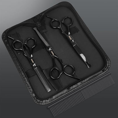 Dog Grooming Scissors Kit with Safety Round Tips, GEMEK Professional 5 in 1 Grooming Scissors for Dogs (Black 5 in 1)