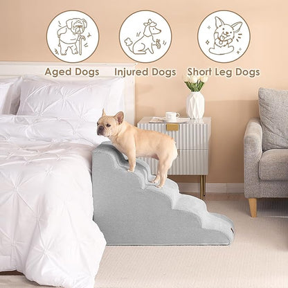 EHEYCIGA Curved Dog Stairs Ramp for High Beds 22.6" H, 5-Step Dog Steps for Small Dogs and Cats, Pet Stairs for High Bed Climbing, Non-Slip Balanced Pet Step Indoor, Light Grey