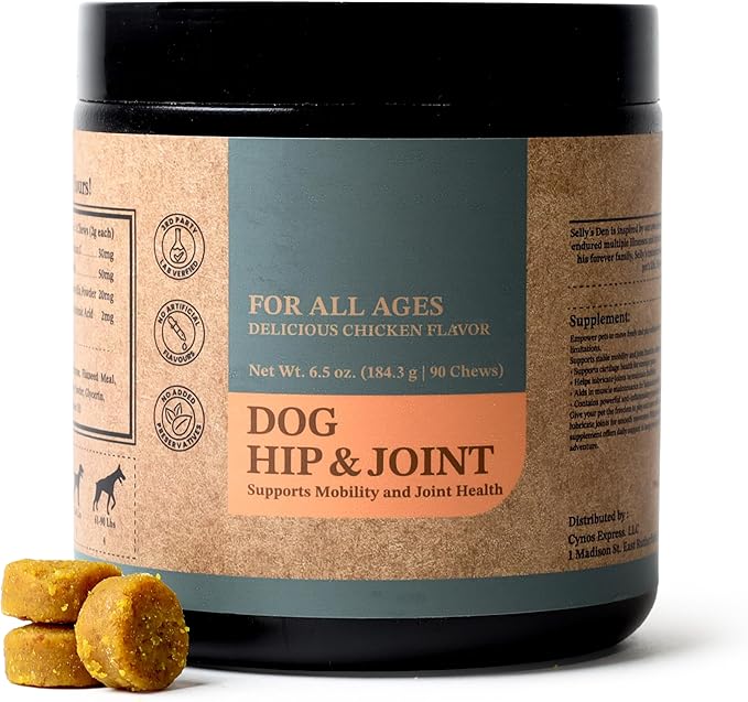 Selly_ Den Hip & Joint Support for Dogs  Chicken Flavor Soft Chew Supplement  Glucosamine, Chondroitin & MSM for Mobility & Joint Health  Made in USA  90 Count, 6.5 Oz