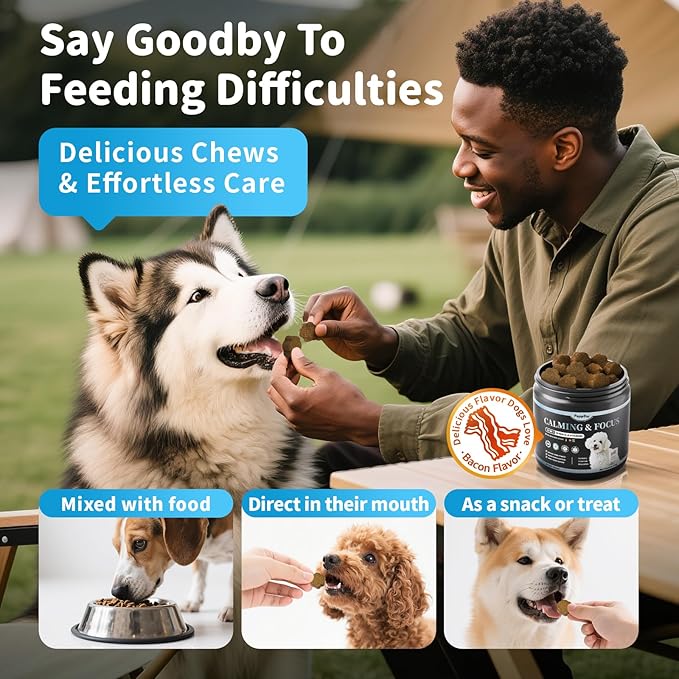 Calming Chews for Dogs – Calming Treats for Anxiety, Stress, Separation, Travel & Thunder, Non-Drowsy Alternative to Melatonin, Calm & Focus with Chamomile & Ashwagandha, Bacon Flavor, 90Ct