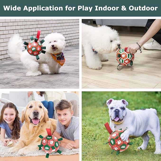 QDAN Christmas Dog Toys Soccer Ball with Straps, Outdoor Interactive Dog Toys for Tug of War, Puppy Birthday Gifts, Dog Tug Toy, Dog Water Toy, Durable Dog Balls for Medium & Large Dogs（8 Inch）