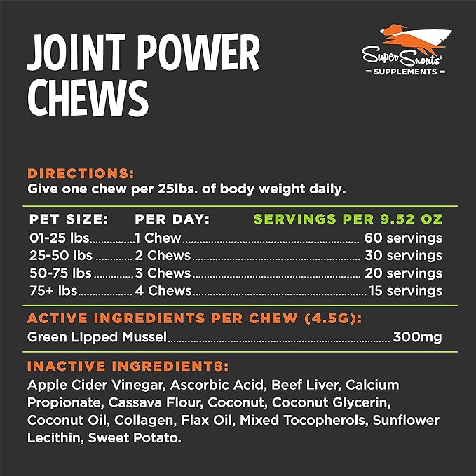 Super Snouts Joint Power – 60 Soft Chews – Joint Supplement for Dogs and Cats with Green Lipped Mussel Helps Ease Discomfort & Stiffness– Made in The USA