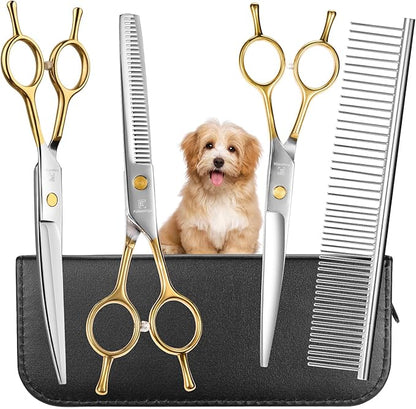 6 in 1 Dog Grooming Scissors Set - Durable Stainless Steel Golden Dog Grooming Shears Curved, Thinning & Straight - Poodle Grooming Kit Dog Groomer Gifts with Safe Tips for Home DIY/Professional Use
