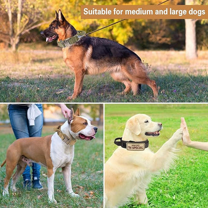 KCUCOP Tactical Dog Collar with Handle,Adjustable Military Dog Collar with Metal Buckle and Patches,Heavy Duty Dog Collars for Large Dogs (Brown-XL)