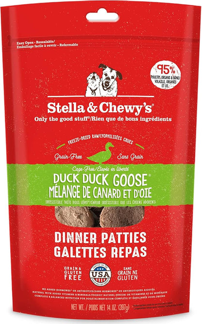 Stella & Chewy's Freeze Dried Raw Dinner Patties  Grain Free Dog Food, Protein Rich Duck Duck Goose Recipe  14 oz Bag