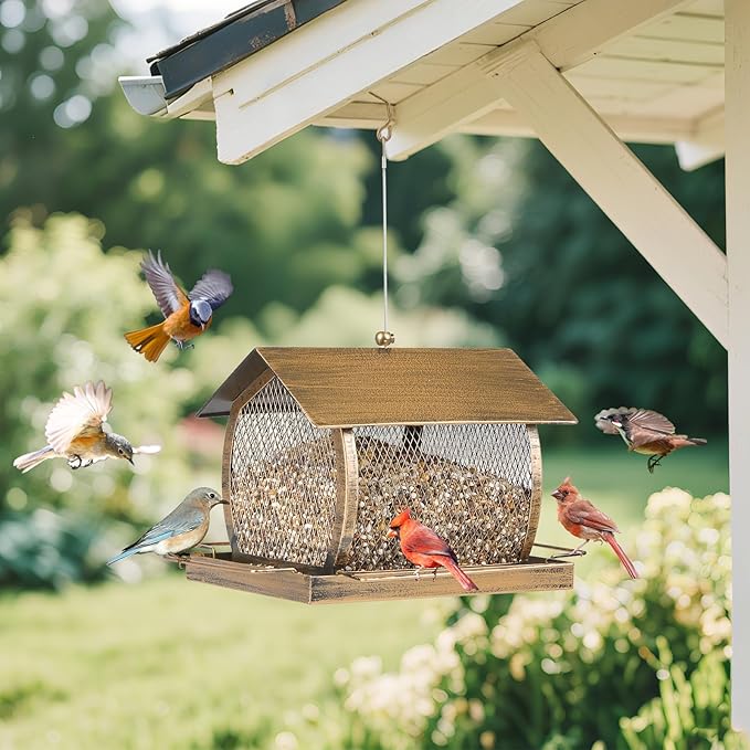 Bird Feeder for Outdoors, Wild Finch Birds Feeders Sparrow Feeder, Metal Birdfeeder Outside Hanging with Lid Fixing Buckle, 2Lbs Capacity