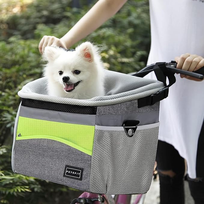 Petsfit Dog Bike Basket, Dog Booster Car Seat, Dog Car Seat for Small Dogs/Cats/Puppies with Safety Rope/Reflective Strips/Two Side Storage Pockets (Grey)