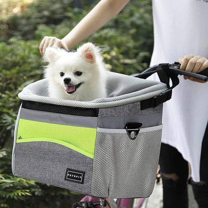 Petsfit Dog Bike Basket, Dog Booster Car Seat, Dog Car Seat for Small Dogs/Cats/Puppies with Safety Rope/Reflective Strips/Two Side Storage Pockets (Grey)