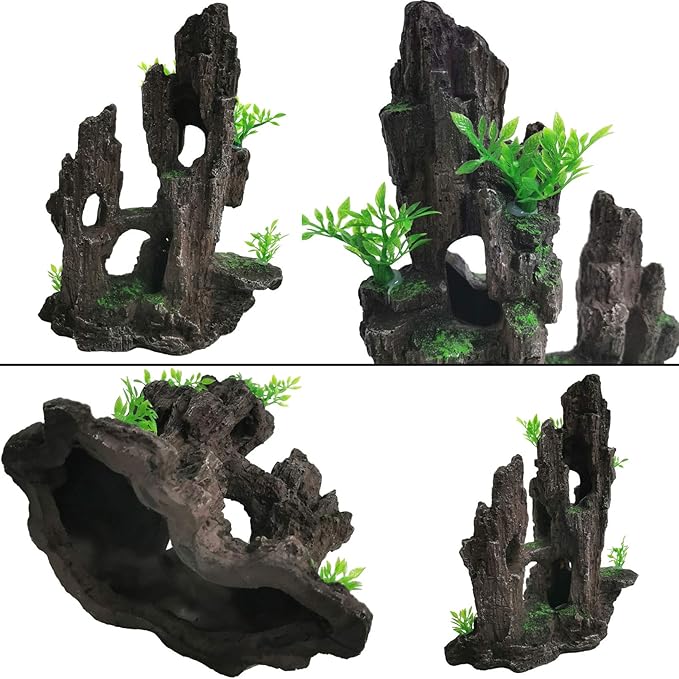 kathson Aquarium Mountain View Stone Resin Fish Tank Decoration Betta Hideout Caves Rockery Landscape Tree Rock Hiding Cave Decor for Small Fish Shrimp Play Ornament