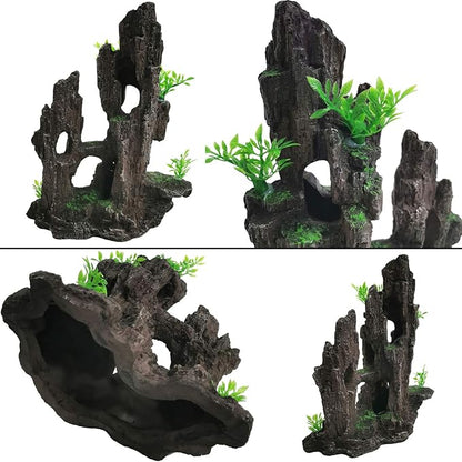 kathson Aquarium Mountain View Stone Resin Fish Tank Decoration Betta Hideout Caves Rockery Landscape Tree Rock Hiding Cave Decor for Small Fish Shrimp Play Ornament