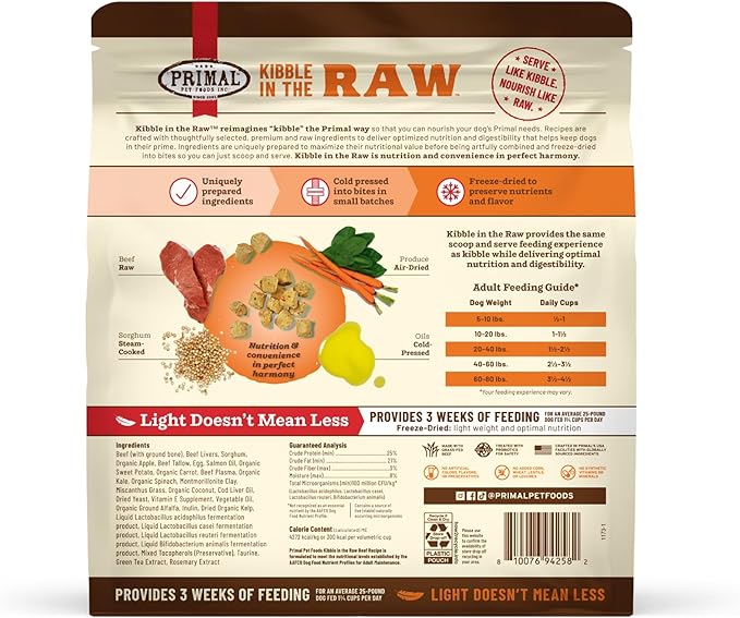 Primal Kibble in The Raw, Freeze Dried Dog Food, Beef, Scoop & Serve, Made with Raw Protein, Whole Ingredient Nutrition, Crafted in The USA, Dry Dog Food 5.4 lb Bag