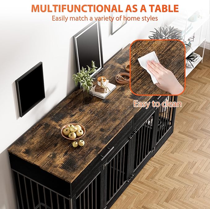 Rophefx 72" Dog Crate Furniture for 2 Dogs, Large Dog Kennel Furniture with 2 Storage Drawers and 4 Bowls, Wooden Dog Cage with Removable Divider, Indoor Dog House TV Stand for Medium Dog, Black
