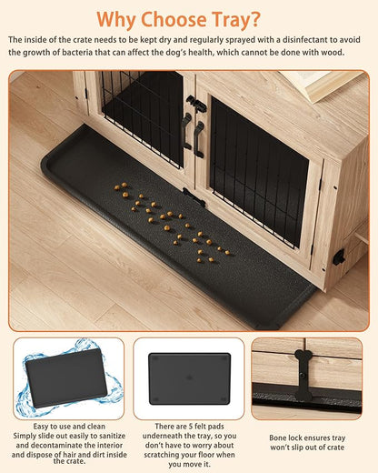 Piskyet Wooden Dog Crate Furniture with 360°Rotatable Removable Dog Bowls, Dog Crate End Table with Tray, Double Doors Dog Kennels for Dogs(M:31.8" L*22.1" W*24.1" H, Gray)