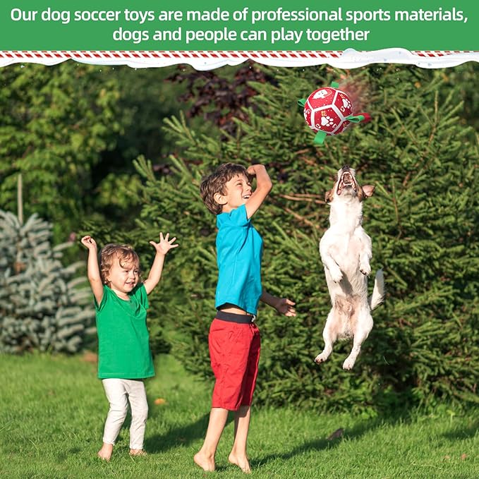 QDAN Christmas Dog Toys Soccer Ball with Straps, Outdoor Interactive Dog Toys for Tug of War, Puppy Birthday Gifts, Dog Tug Toy, Dog Water Toy, Durable Dog Balls for Small Dogs（5 Inch）