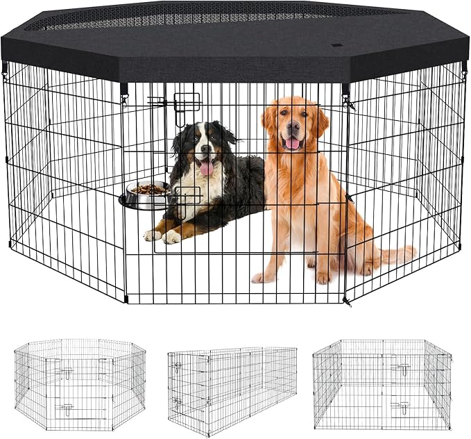 Dog Pen Pet Playpen Dog Fence Indoor Foldable Metal Wire Exercise Puppy Play Yard Pet Enclosure Indoor Outdoor 8 Panels 30 Inch with Bottom Pad/Top Cover(Black 30 top Cover)