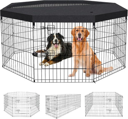 Dog Pen Pet Playpen Dog Fence Indoor Foldable Metal Wire Exercise Puppy Play Yard Pet Enclosure Indoor Outdoor 8 Panels 30 Inch with Bottom Pad/Top Cover(Black 30 top Cover)