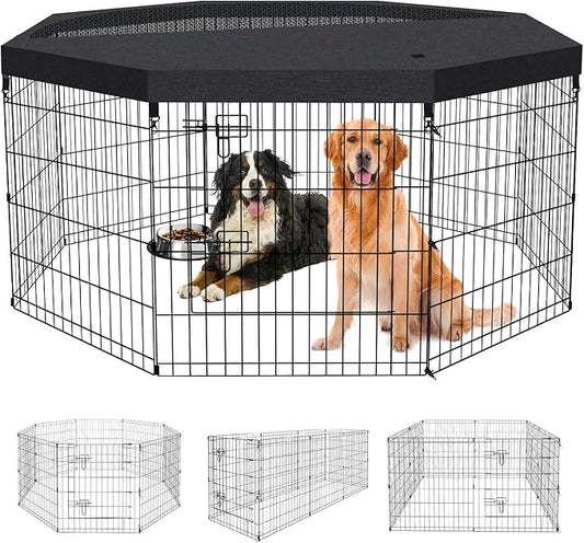 Dog Pen Pet Playpen Dog Fence Indoor Foldable Metal Wire Exercise Puppy Play Yard Pet Enclosure Indoor Outdoor 8 Panels 30 Inch with Bottom Pad/Top Cover(Black 30 top Cover)