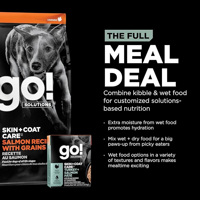 Go! Solutions Skin + Coat Care, Wet Dog Food, Turkey and Salmon Pâté with Grains Sensitive Skin, 12.5 oz