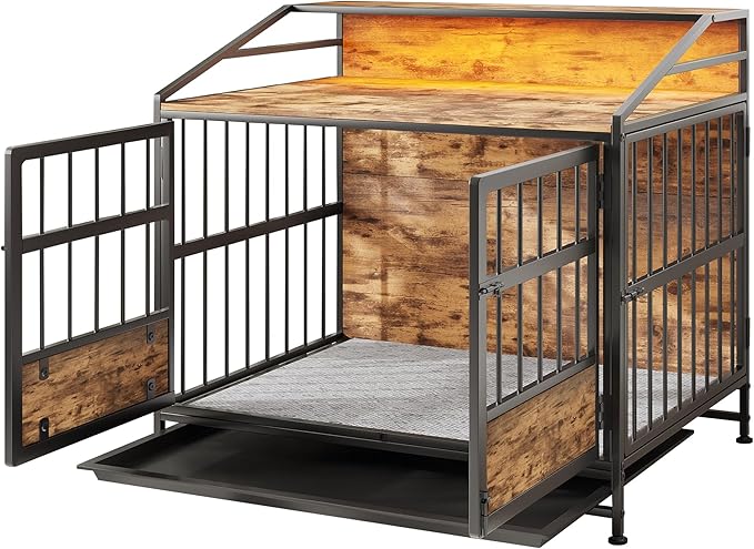 Dog Crate Furniture with Led Lights,Heavy Duty Wooden Dog Kennel with Double Doors,Dog House Indoor for Small Medium Dogs,End Table with Shelves,Black and Brown(34.65" L_24.02W_31.5" H)