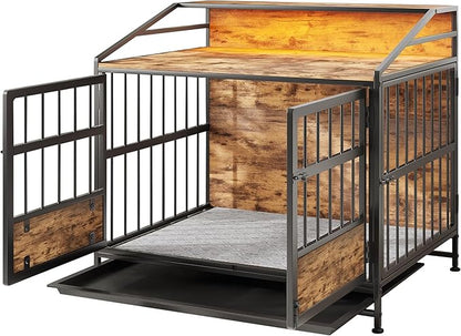 Dog Crate Furniture with Led Lights,Heavy Duty Wooden Dog Kennel with Double Doors,Dog House Indoor for Small Medium Dogs,End Table with Shelves,Black and Brown(34.65" L_24.02W_31.5" H)