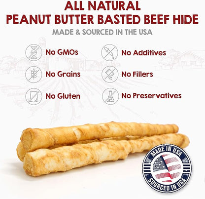 Riley's Peanut Butter Beef Hide Dog Treats, USA Sourced & Made Small Dog Treats, Chew Sticks, Raw Hides for Small Dogs, Rawhide Sticks for Dogs, 21 ct