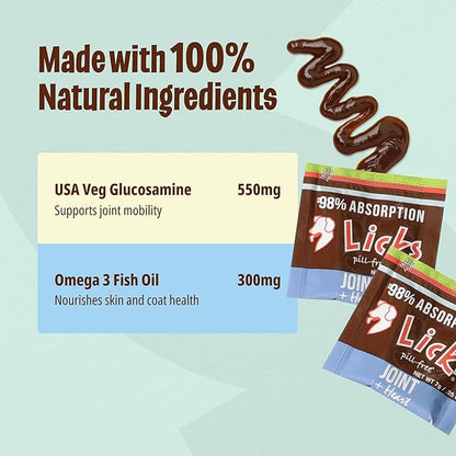 Licks - Dog Joint + Heart Supplement - Omega 3 Fish Oil + Glucosamine - LiquiPaks - 30 Use