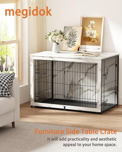 Megidok Wooden Dog Crate Furniture with Cushion, Dog Crate End Table with Tray, Double Doors Dog Crate(*L:43.1" L*28.6" W*30.3" H, Marble White)