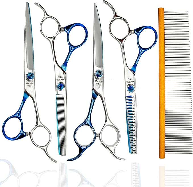 7'' Dog Grooming Scissors Set Straight Thinning Curved Chunker Shears 4pcs in 1 Set with Comb Dog Grooming Scissors Kit for Dogs and Cats