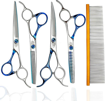7'' Dog Grooming Scissors Set Straight Thinning Curved Chunker Shears 4pcs in 1 Set with Comb Dog Grooming Scissors Kit for Dogs and Cats