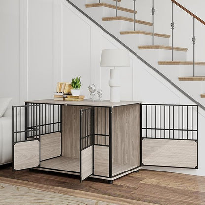 PawHut 46" Dog Crate Furniture End Table, Wooden Dog Kennel Indoor Pet House with 3 Doors, for Small to Large Dogs