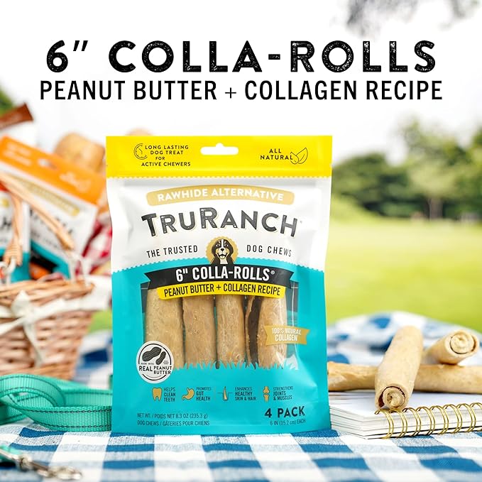 TRURANCH Collagen Rolls - 6" Collagen Rolls for Dogs - Long Lasting Healthy Joint Support - Rawhide Alternative - Skin & Coat Health - Made with Real Peanut Butter, Value Pack, 15 Bags, 60 Count