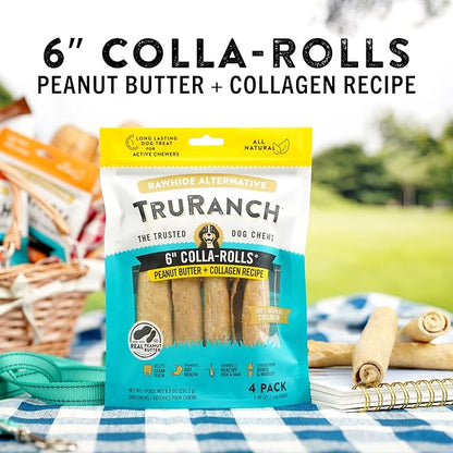 TRURANCH Collagen Rolls - 6" Collagen Rolls for Dogs - Long Lasting Healthy Joint Support - Rawhide Alternative - Skin & Coat Health - Made with Real Peanut Butter, Value Pack, 3 Bags, 12 Count