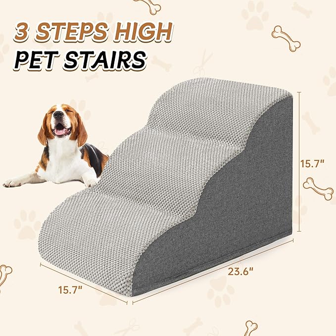Romrol Dog Stairs Ramp for Beds Couches, Extra Wide Pet Steps with Durable Non-Slip Waterproof Fabric Cover, Pets Slope Stairs, 3-Tiers,Light-Grey