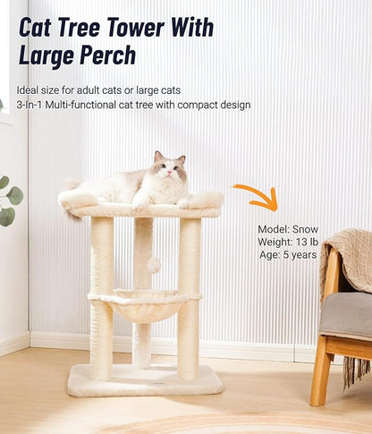 Happi N Pets 28" Large Cat Tree Tower for Indoor Cats, Cat Scratch Post with Large Bed for Maine Coon Big Cats, Sisal Cat Scratcher with Soft Perch & Hammock, Stable Cat Stand, Removable Cover-Beige