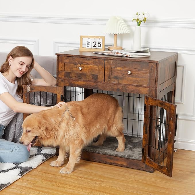 Dog Crate Furniture, Dog Crate Table, Decorative Dog Kennel with Drawer, Indoor Pet Crate End Table (Large)