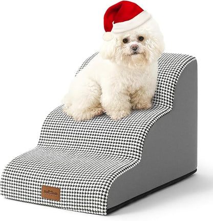 Dog Stairs for Small Dogs, Curved Pet Step with Leakproof Cover, High Density Foam Cat Ramp for Bed or Sofa, Lightweight, Durable, Comfort, 15.7x22.4x15.7 inch, 3 Tiers, White Black
