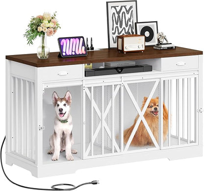 YITAHOME 63 Inch Double Dog Crate TV Stand with Charging Station, Heavy Duty Wooden Dog Crate Furniture for 2 Dogs, Dog Kennel Indoor Furniture Double Sliding Barn Door Design Ideal for 2 Dogs, White