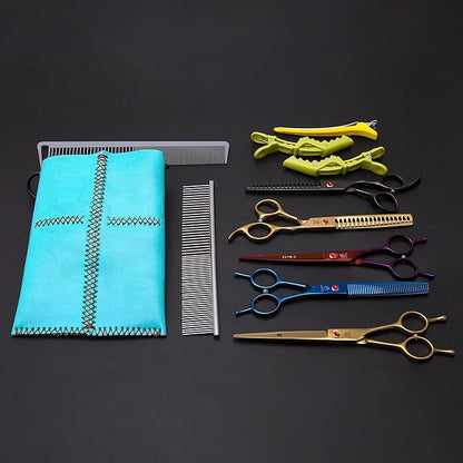 Dog Grooming Scissors Storage Bag: Hand-stitched, Show-quality Head Layer Calf Leather, Holds 5 Pairs of Dog Grooming Scissors Blue