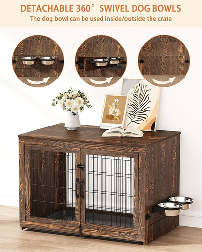 Piskyet Wooden Dog Crate Furniture with 360°Rotatable Removable Dog Bowls, Dog Crate End Table with Tray, Double Doors Dog Kennels for Dogs(XL:43.2" L*28.6" W*30.3" H, Rustic Style)