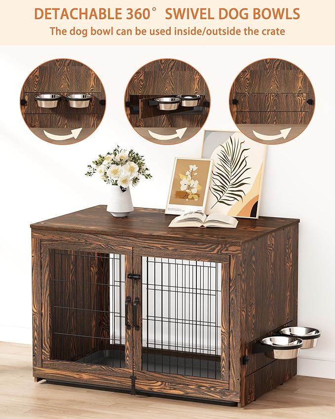 Piskyet Wooden Dog Crate Furniture with 360°Rotatable Removable Dog Bowls, Dog Crate End Table with Tray, Double Doors Dog Kennels for Dogs(M:31.8" L*22.1" W*24.1" H, Rustic Style)